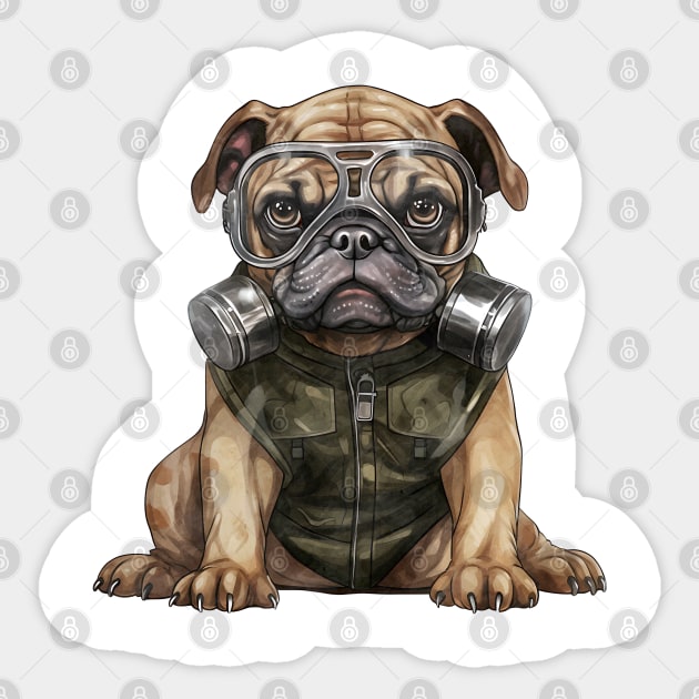 Bulldog Wearing Gas Mask Sticker by Chromatic Fusion Studio